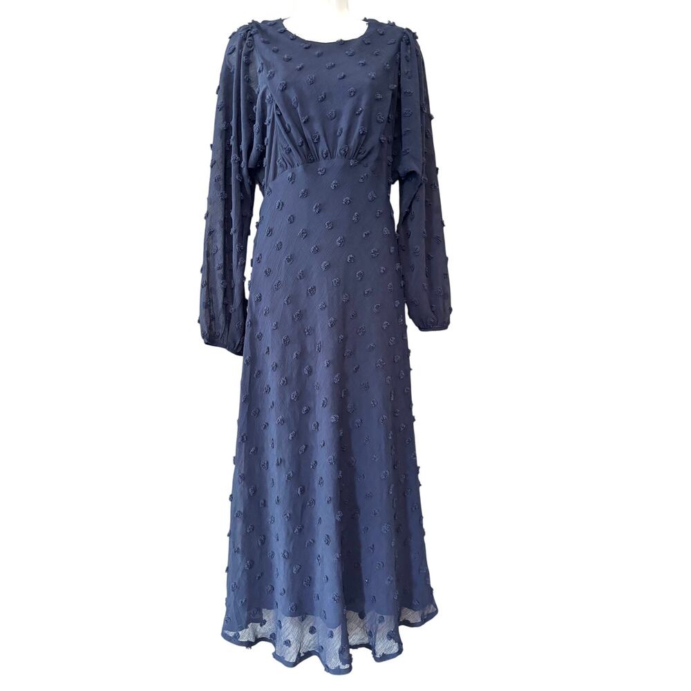 Anthro Eri + Ali Michaela Textured Swiss Dot Midi Navy Dress 2